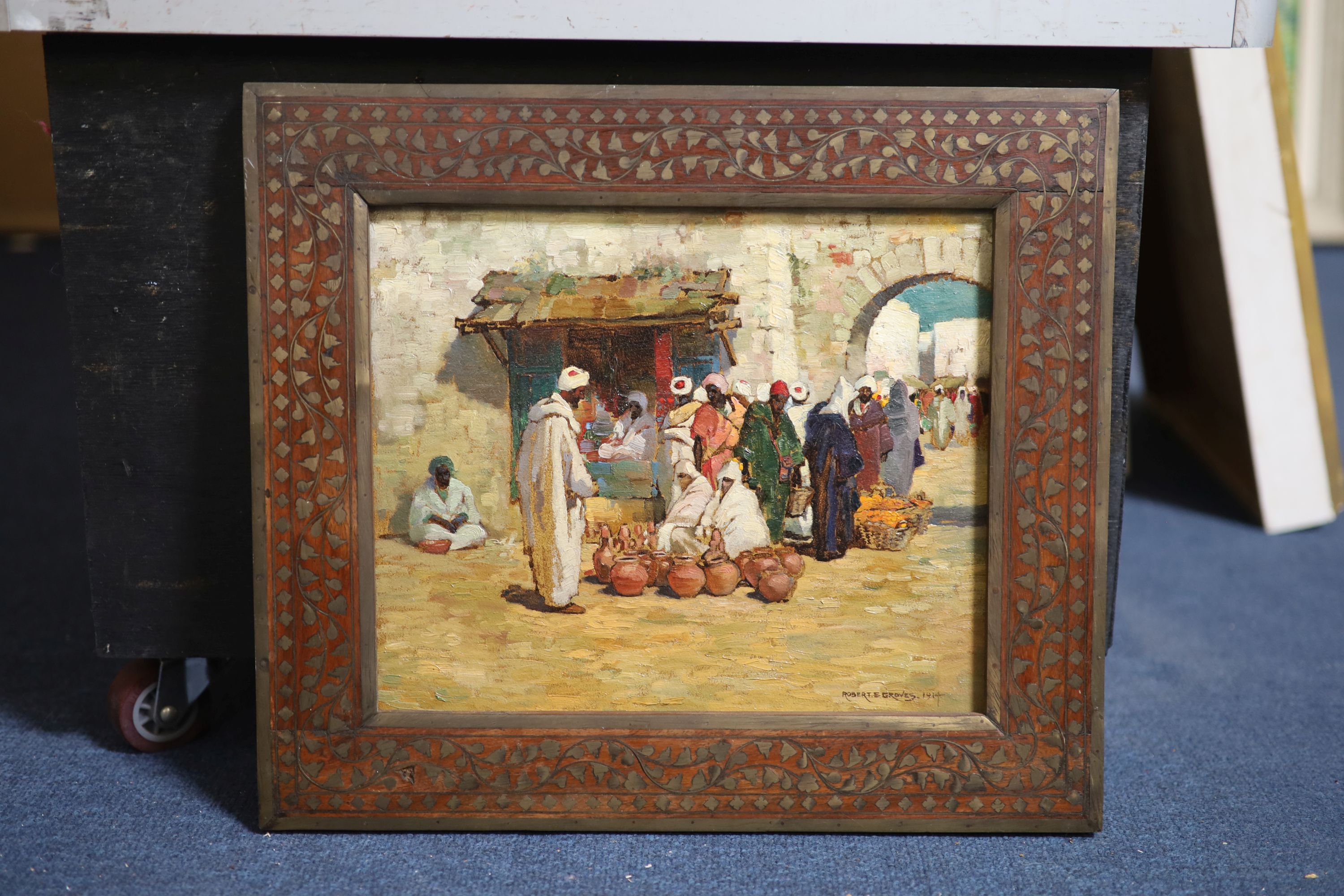 Robert E. Groves (1866-1944), North African market scene, oil on card, 24 x 29cm